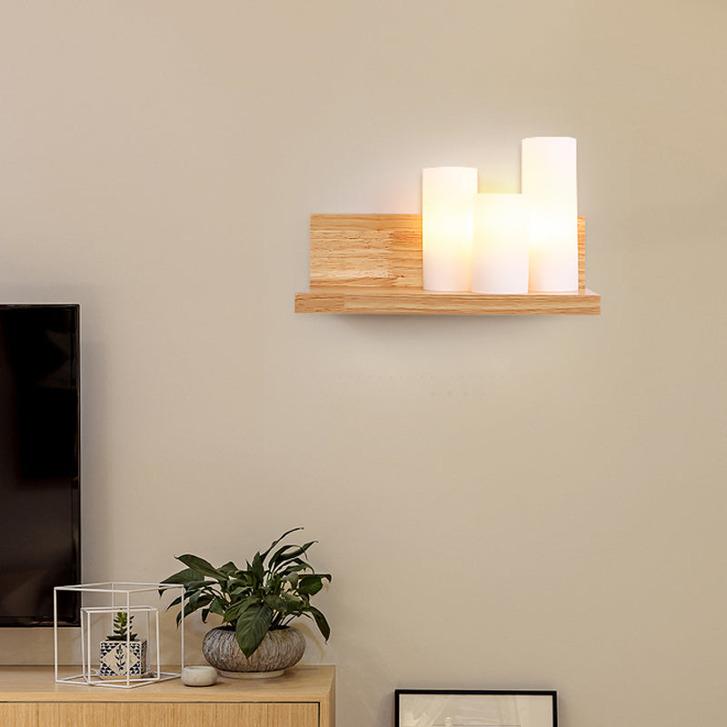 Skørter | Asian 3 Head Wall Light Wood Pipe Light Source with Opal Glass Shade for Dining Room