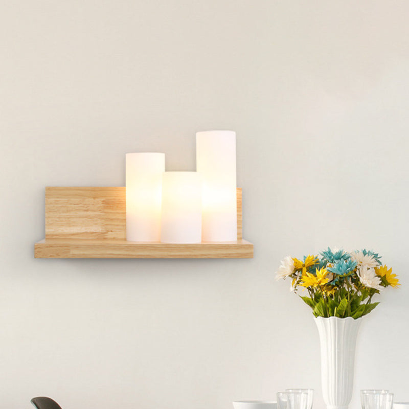 Skørter | Asian 3 Head Wall Light Wood Pipe Light Source with Opal Glass Shade for Dining Room