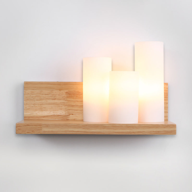 Skørter | Asian 3 Head Wall Light Wood Pipe Light Source with Opal Glass Shade for Dining Room