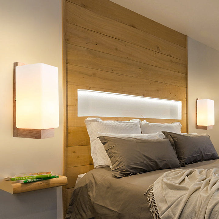 Skørter | 1 head staircase wall lamp Japanese wooden wall lamp with rectangular milk glass shade