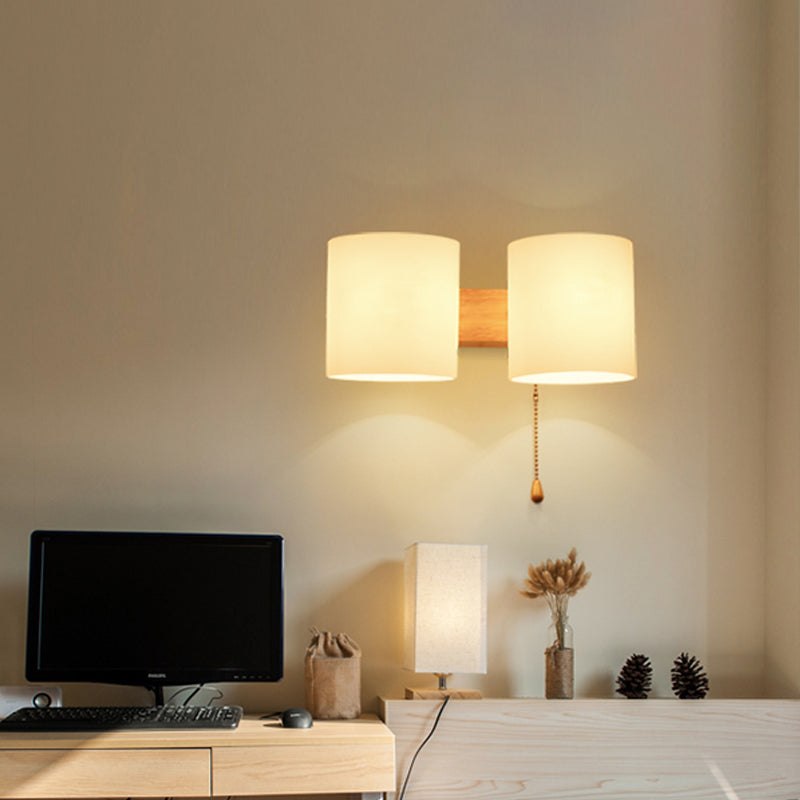 Skørter | 2 Light Bedroom Wall Lamp Asian Wood Wall Mounted Lamp with Cylindrical White Glass Shade