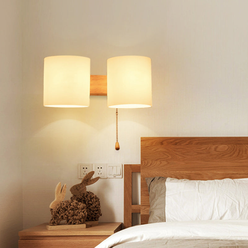 Skørter | 2 Light Bedroom Wall Lamp Asian Wood Wall Mounted Lamp with Cylindrical White Glass Shade