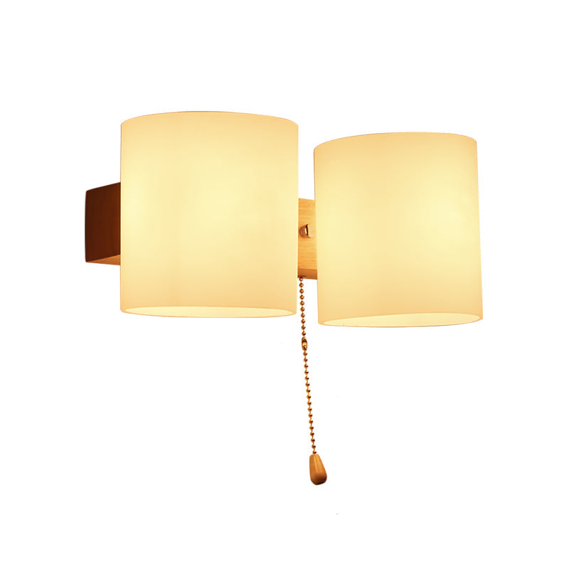 Skørter | 2 Light Bedroom Wall Lamp Asian Wood Wall Mounted Lamp with Cylindrical White Glass Shade