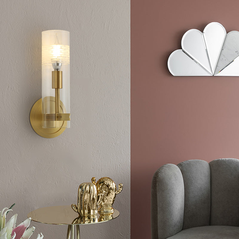 Lisslune | Modernism 1 Head Wall Light Brass Cylindrical Wall Mount Lighting with Clear Glass Shade