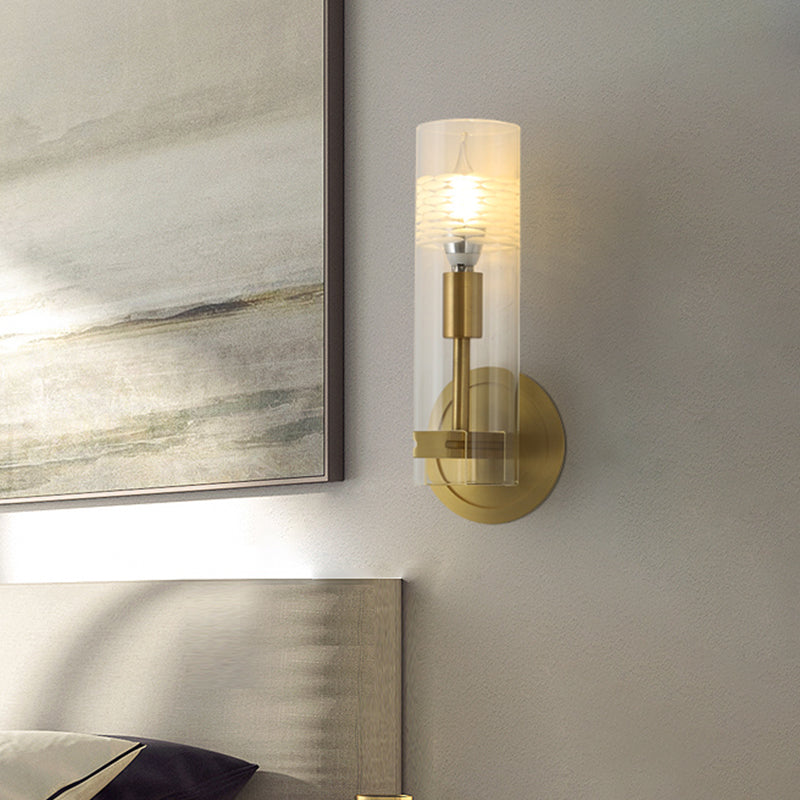 Lisslune | Modernism 1 Head Wall Light Brass Cylindrical Wall Mount Lighting with Clear Glass Shade