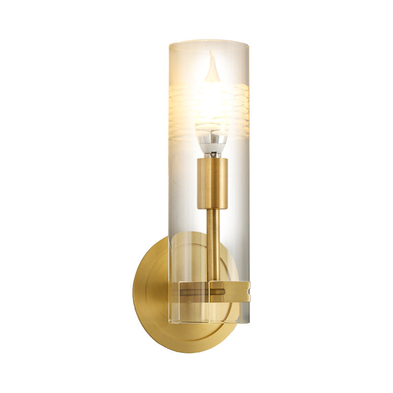 Lisslune | Modernism 1 Head Wall Light Brass Cylindrical Wall Mount Lighting with Clear Glass Shade