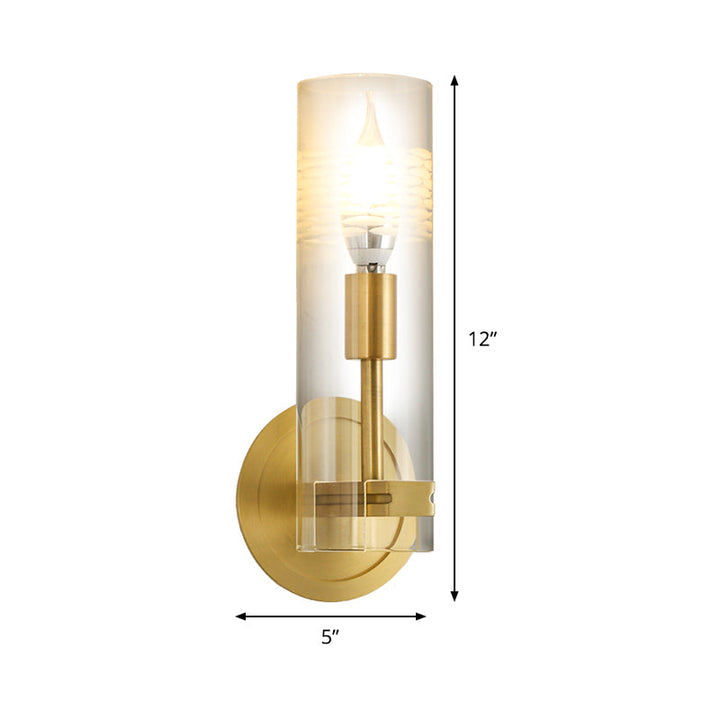 Lisslune | Modernism 1 Head Wall Light Brass Cylindrical Wall Mount Lighting with Clear Glass Shade