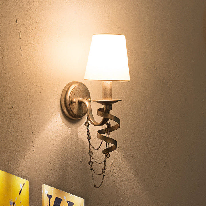 Skørter | Tapered Bedroom Wall Mount Light Traditional Fabric 1 Head Wall Lighting Fixture with Crystal Draping in Nickel