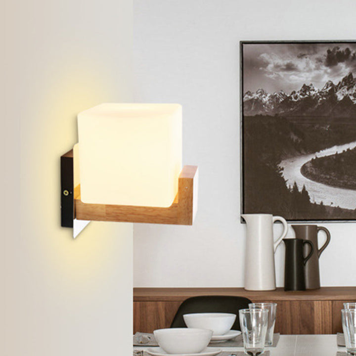 Skørter | Modern 1 Cup Wall Spotlight Wooden Square Wall Mounted Lighting with White Glass Bowl