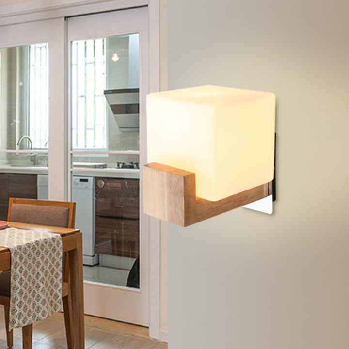 Skørter | Modern 1 Cup Wall Spotlight Wooden Square Wall Mounted Lighting with White Glass Bowl