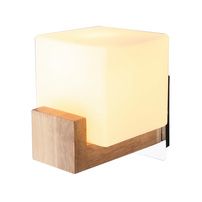 Skørter | Modern 1 Cup Wall Spotlight Wooden Square Wall Mounted Lighting with White Glass Bowl