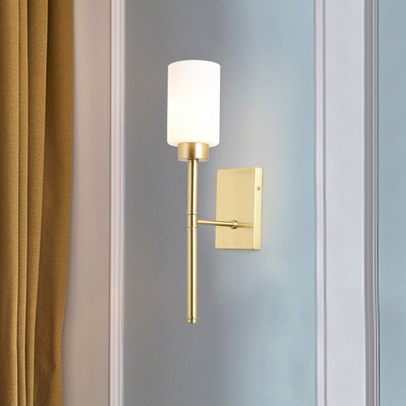 Skørter | Opal Glass Tube Wall Lamp Modernist 1 Bulb Wall Lighting Fixture in Brass with Metal Pencil Arm