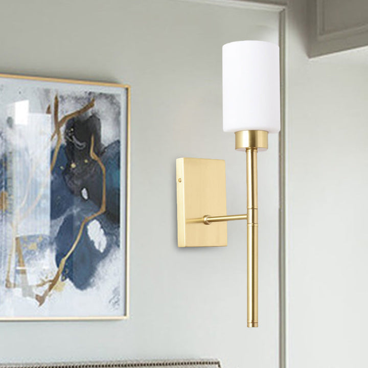 Skørter | Opal Glass Tube Wall Lamp Modernist 1 Bulb Wall Lighting Fixture in Brass with Metal Pencil Arm