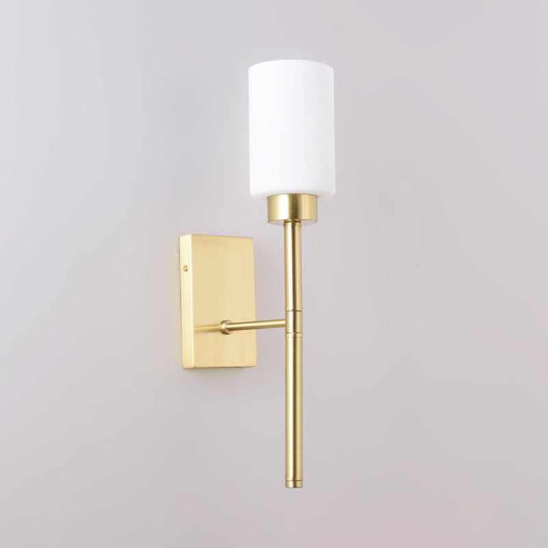 Skørter | Opal Glass Tube Wall Lamp Modernist 1 Bulb Wall Lighting Fixture in Brass with Metal Pencil Arm
