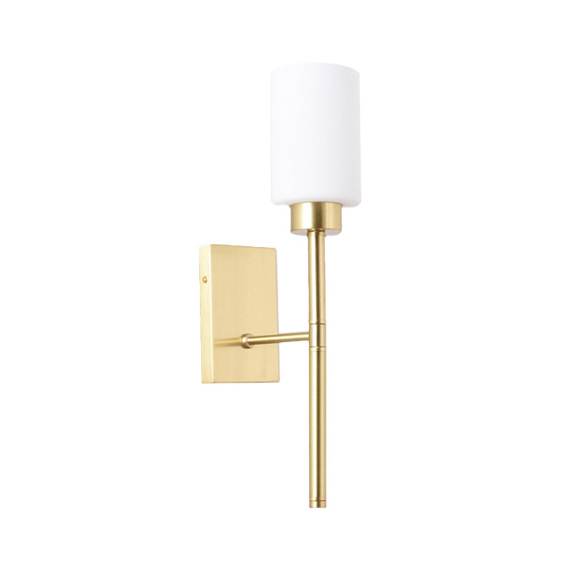 Skørter | Opal Glass Tube Wall Lamp Modernist 1 Bulb Wall Lighting Fixture in Brass with Metal Pencil Arm