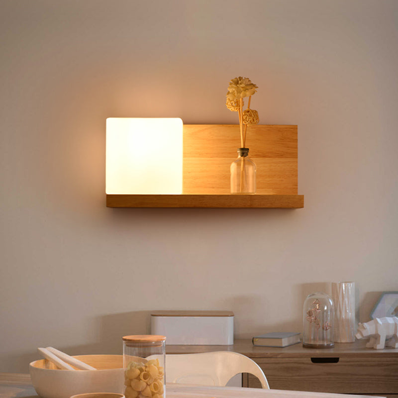 Skørter | White Glass Square Wall Lamp Chinese 1 Bulb Wood Wall Mounted Light for Dining Room