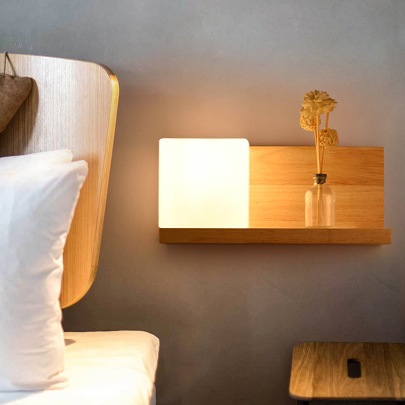 Skørter | White Glass Square Wall Lamp Chinese 1 Bulb Wood Wall Mounted Light for Dining Room
