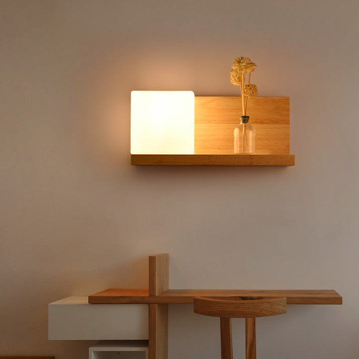 Skørter | White Glass Square Wall Lamp Chinese 1 Bulb Wood Wall Mounted Light for Dining Room