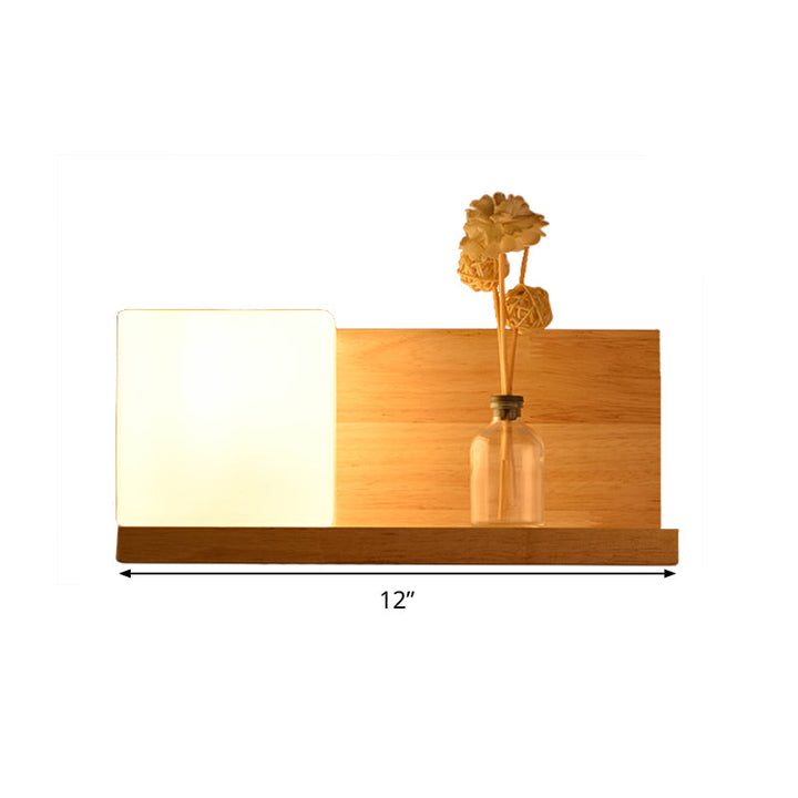 Skørter | White Glass Square Wall Lamp Chinese 1 Bulb Wood Wall Mounted Light for Dining Room