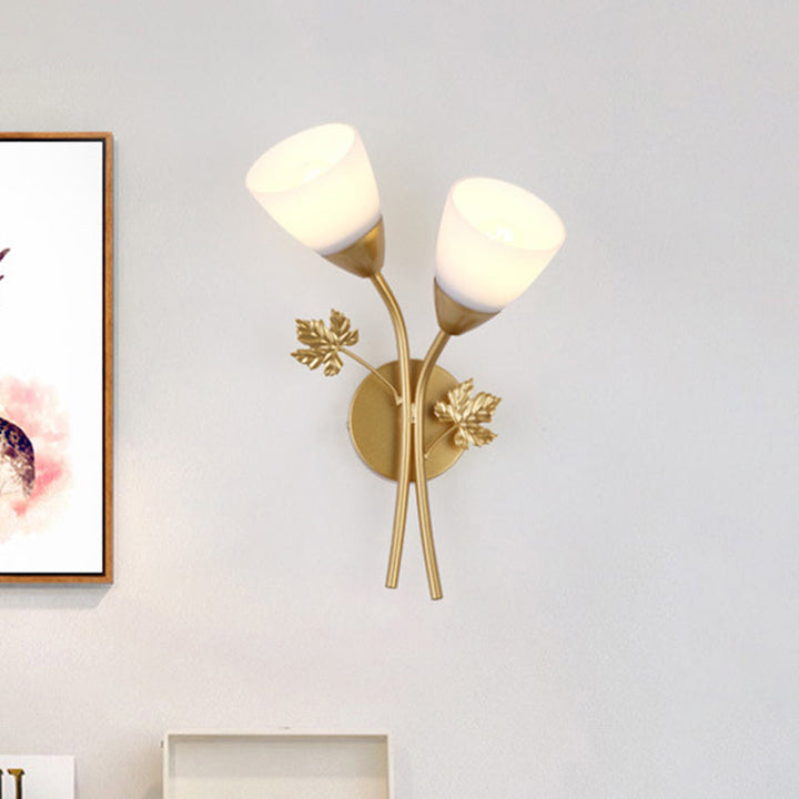 Lisslune | Floral Wall Lamp Modernist Milk Glass 2 Light Sources Black/Gold Wall Light with Metal Leaf