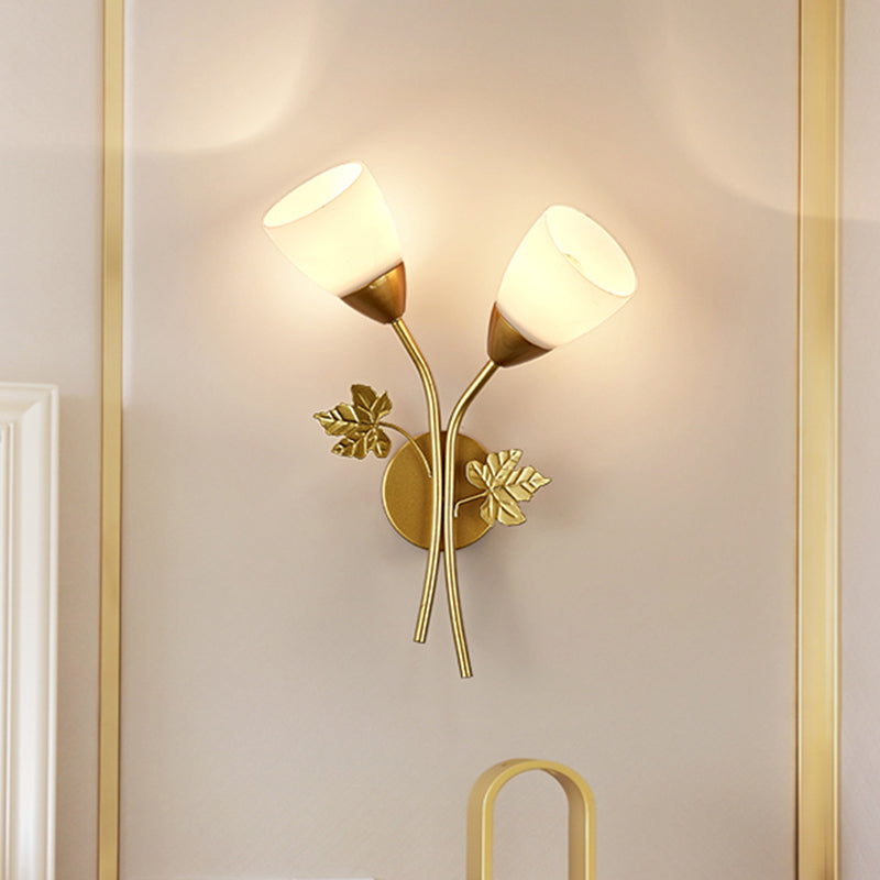 Lisslune | Floral Wall Lamp Modernist Milk Glass 2 Light Sources Black/Gold Wall Light with Metal Leaf