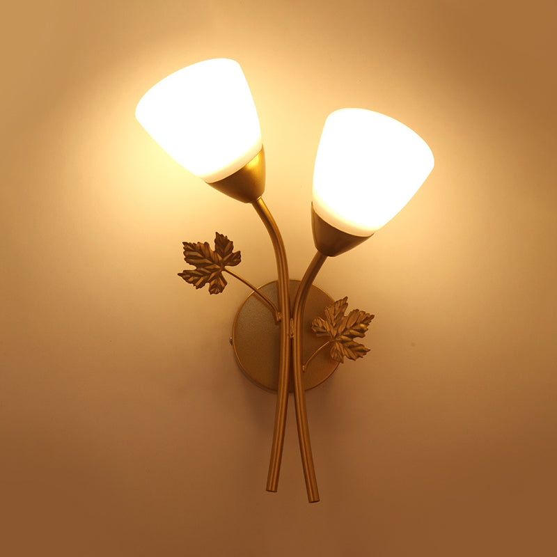Lisslune | Floral Wall Lamp Modernist Milk Glass 2 Light Sources Black/Gold Wall Light with Metal Leaf