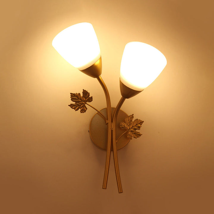 Lisslune | Floral Wall Lamp Modernist Milk Glass 2 Light Sources Black/Gold Wall Light with Metal Leaf