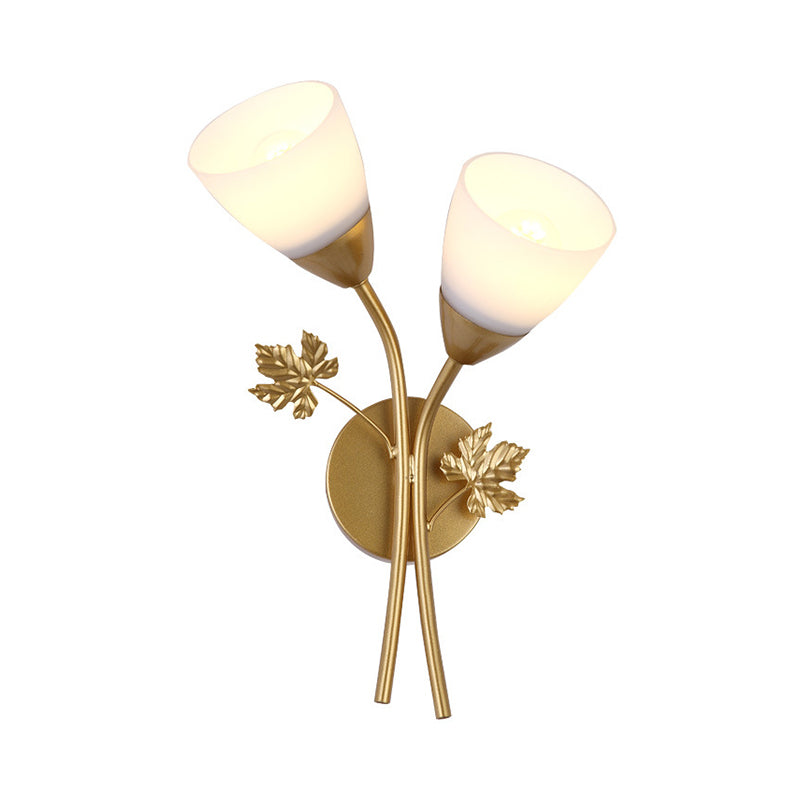Lisslune | Floral Wall Lamp Modernist Milk Glass 2 Light Sources Black/Gold Wall Light with Metal Leaf