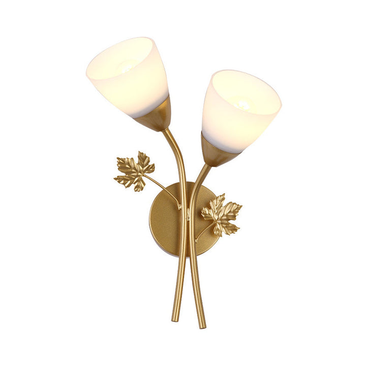 Lisslune | Floral Wall Lamp Modernist Milk Glass 2 Light Sources Black/Gold Wall Light with Metal Leaf