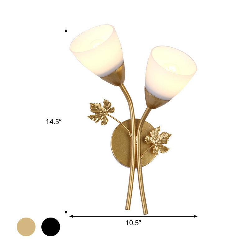 Lisslune | Floral Wall Lamp Modernist Milk Glass 2 Light Sources Black/Gold Wall Light with Metal Leaf