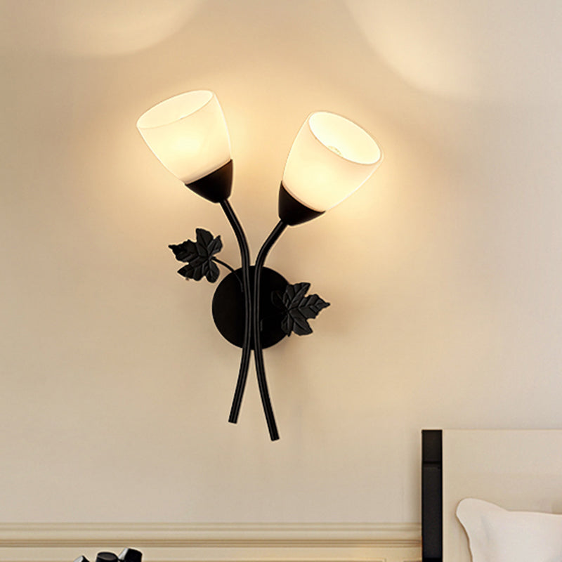 Lisslune | Floral Wall Lamp Modernist Milk Glass 2 Light Sources Black/Gold Wall Light with Metal Leaf