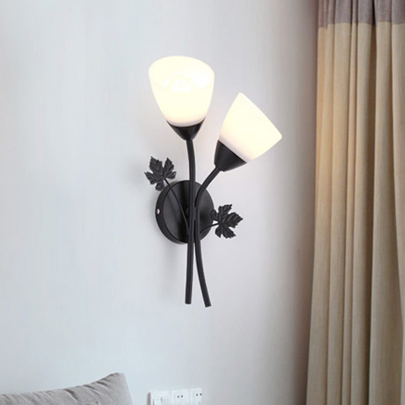 Lisslune | Floral Wall Lamp Modernist Milk Glass 2 Light Sources Black/Gold Wall Light with Metal Leaf