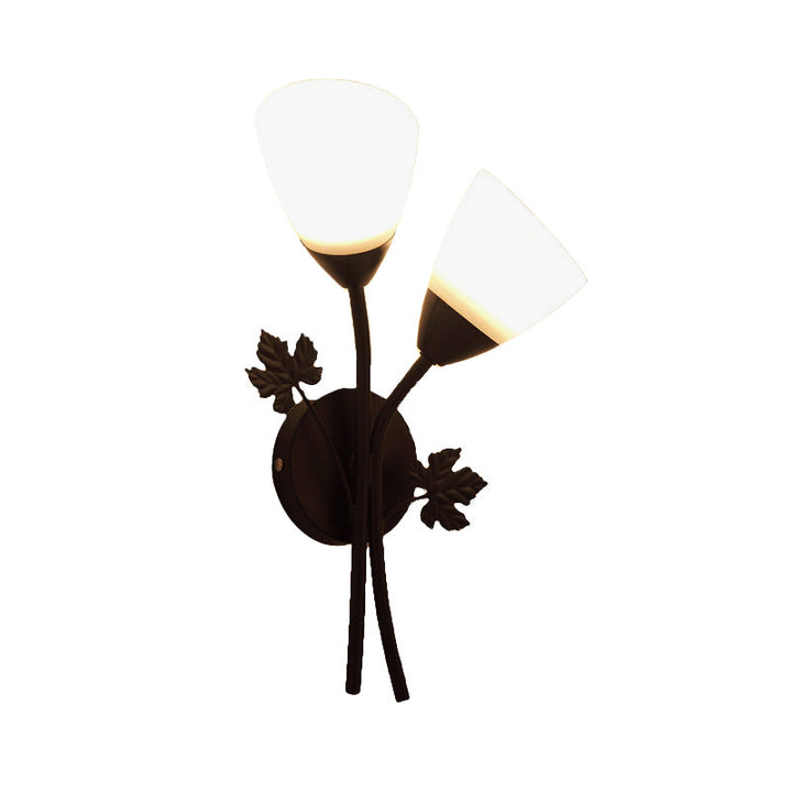 Lisslune | Floral Wall Lamp Modernist Milk Glass 2 Light Sources Black/Gold Wall Light with Metal Leaf