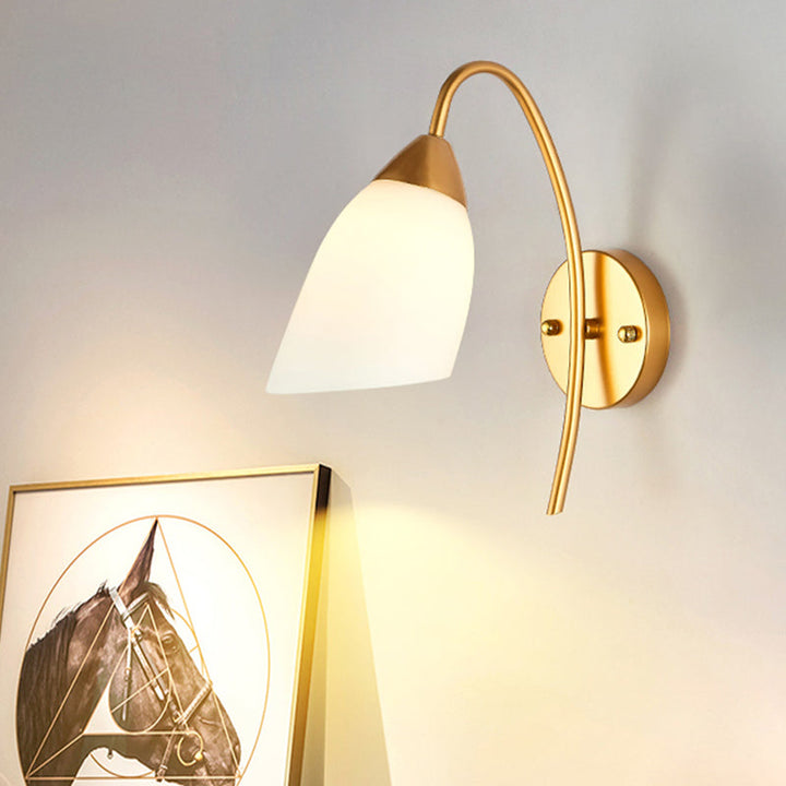 Lisslune | 1 Head Bedroom Wall Lamp Modernism Gold Wall Mounted Light with Flare White Glass Shade