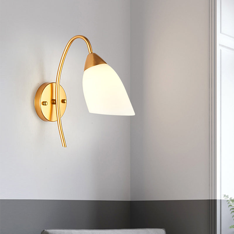 Lisslune | 1 Head Bedroom Wall Lamp Modernism Gold Wall Mounted Light with Flare White Glass Shade