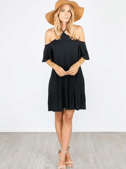 Women's summer dress with off-the-shoulder look and flowing cut