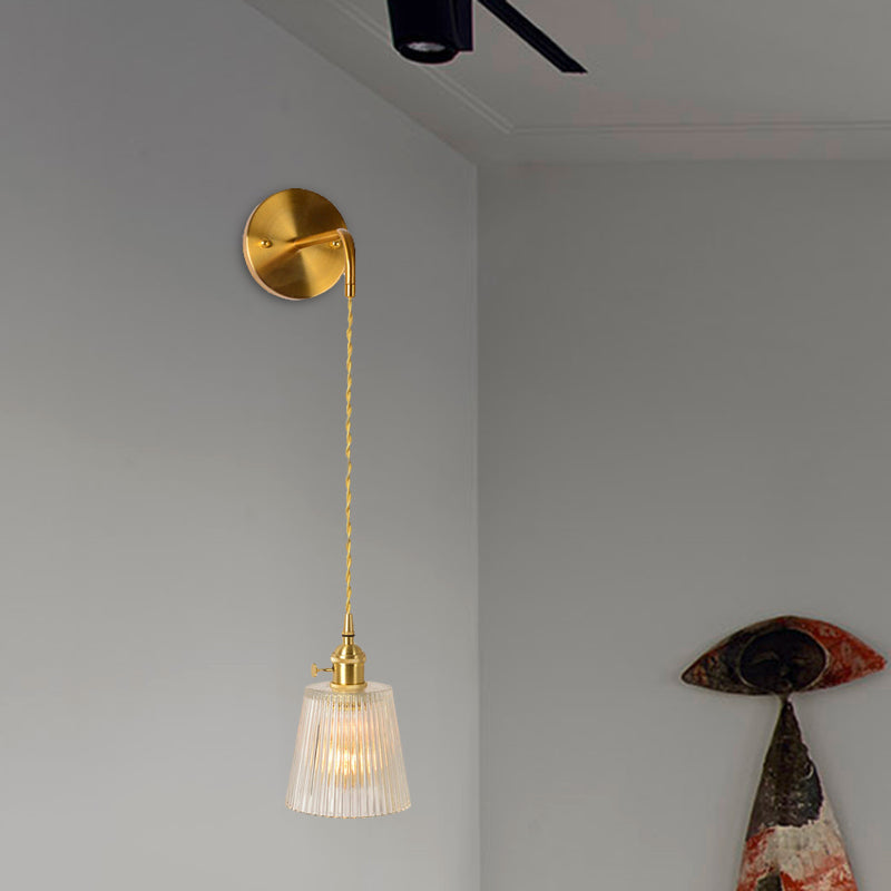 Skørter | Gold 1 Head Wall Mounted Light Minimalism Clear Ribbed Glass Shade/Bell/Drum Wall Lighting Fixture