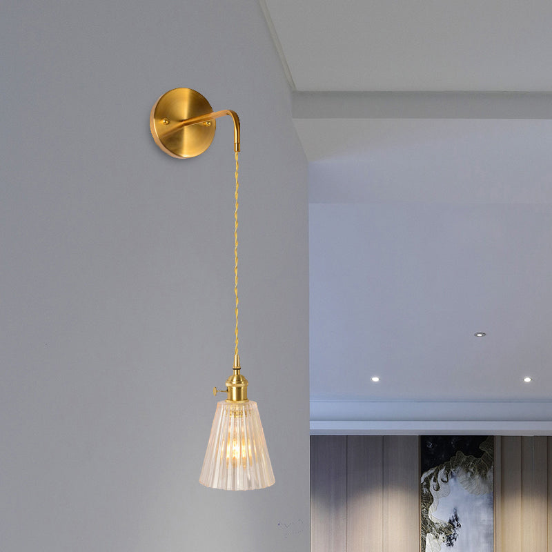Skørter | Gold 1 Head Wall Mounted Light Minimalism Clear Ribbed Glass Shade/Bell/Drum Wall Lighting Fixture