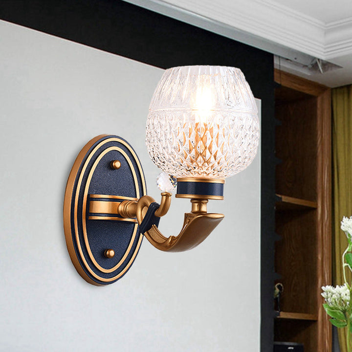 Skørter | Traditionalist Bowl Wall Lighting 1/2 Bulbs Grid Glass LED Wall Mounted Lamp in Brass for the Bedroom