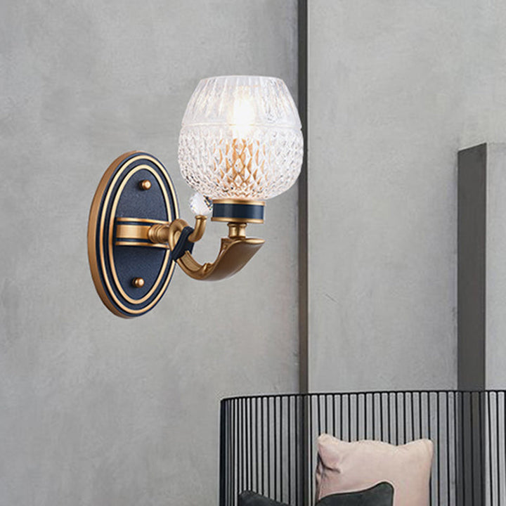 Skørter | Traditionalist Bowl Wall Lighting 1/2 Bulbs Grid Glass LED Wall Mounted Lamp in Brass for the Bedroom