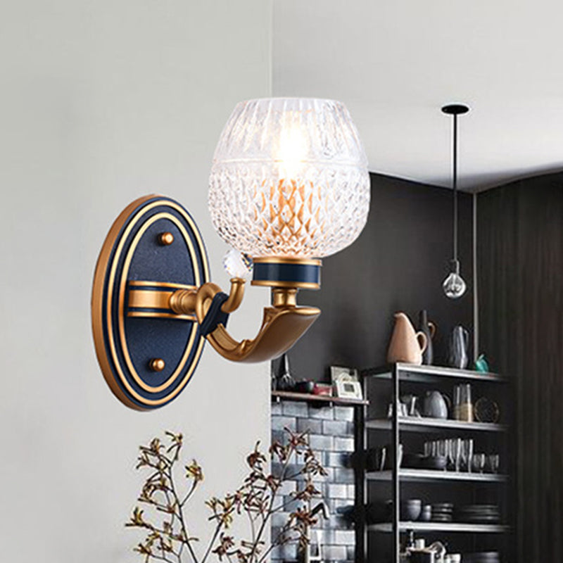 Skørter | Traditionalist Bowl Wall Lighting 1/2 Bulbs Grid Glass LED Wall Mounted Lamp in Brass for the Bedroom