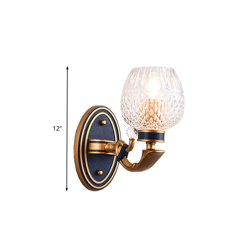 Skørter | Traditionalist Bowl Wall Lighting 1/2 Bulbs Grid Glass LED Wall Mounted Lamp in Brass for the Bedroom