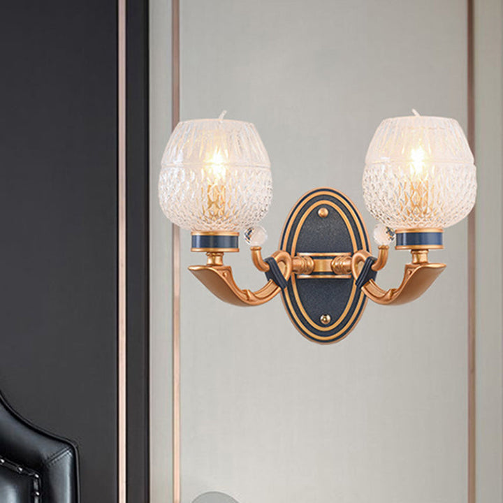 Skørter | Traditionalist Bowl Wall Lighting 1/2 Bulbs Grid Glass LED Wall Mounted Lamp in Brass for the Bedroom