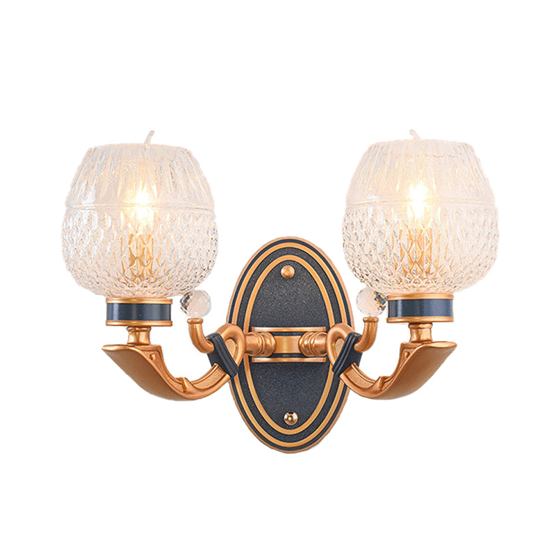 Skørter | Traditionalist Bowl Wall Lighting 1/2 Bulbs Grid Glass LED Wall Mounted Lamp in Brass for the Bedroom