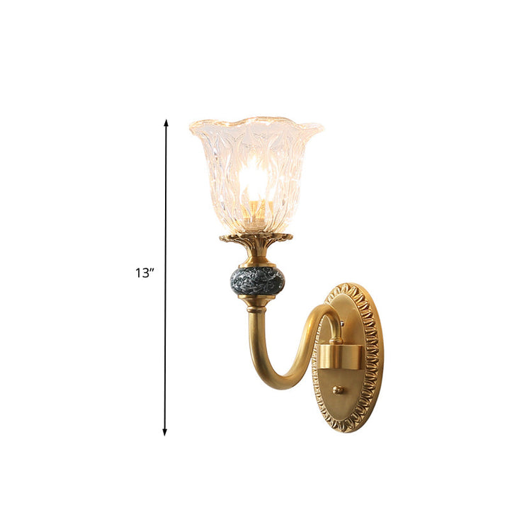 Skørter | 1/2 Heads Clear Glass Wall Lamp Vintage Brass Flower Bedroom LED Wall Mounted Lighting
