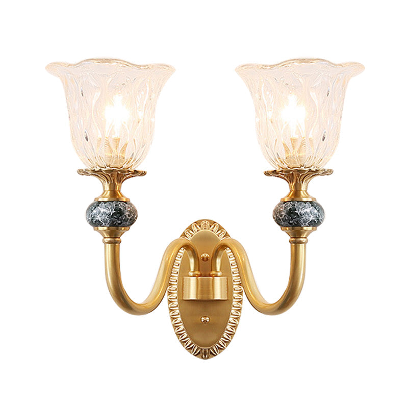 Skørter | 1/2 Heads Clear Glass Wall Lamp Vintage Brass Flower Bedroom LED Wall Mounted Lighting