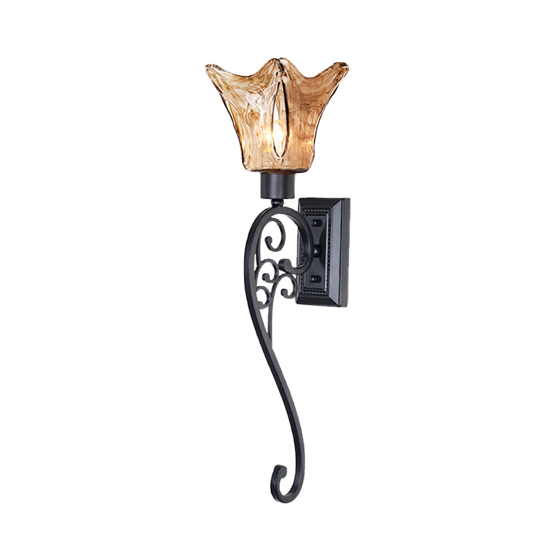Skørter | Bell Bedroom Wall Light Retro Amber Glass Single Light LED Black Wall Mount Lighting, 15"/26" High