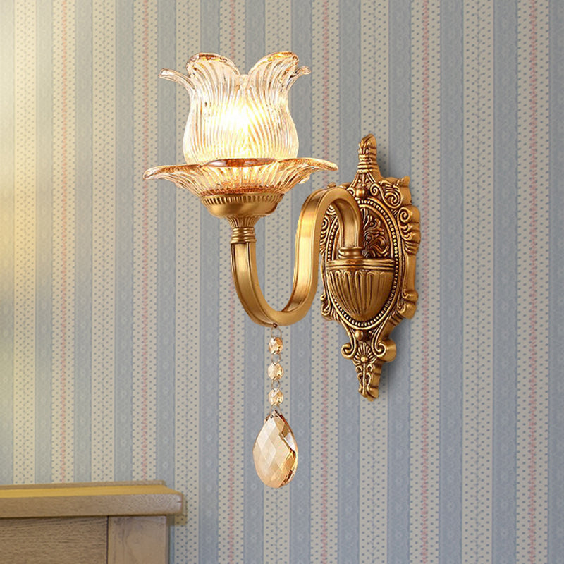 Skørter | Brass Flower Wall Lamp Vintage Clear Prism Glass 1/2 Lights Living Room LED Wall Lamp