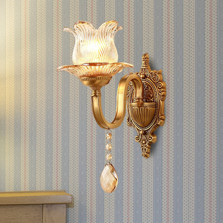 Skørter | Brass Flower Wall Lamp Vintage Clear Prism Glass 1/2 Lights Living Room LED Wall Lamp