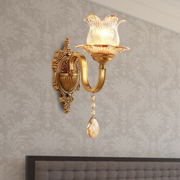 Skørter | Brass Flower Wall Lamp Vintage Clear Prism Glass 1/2 Lights Living Room LED Wall Lamp